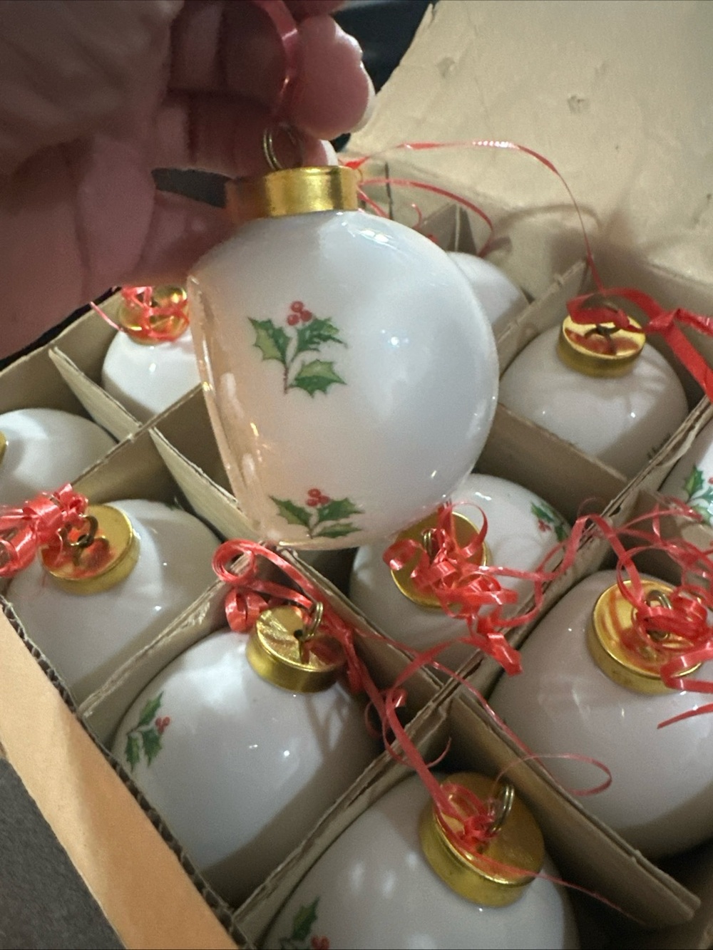 Classic White Holly Ceramic Holiday Ornament - Set of 12